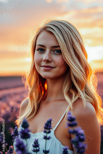 Radiant Blonde Woman in a Lavender Field at Sunset