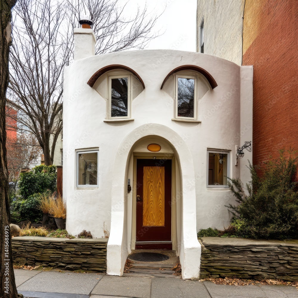 Fototapeta premium Small house with windows resembling expressive eyes and curved doorway shaped like a smile, warm whimsical vibe