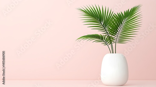 Elegant Indoor Plant Display in Minimalist White Vase Against Soft Pink Background