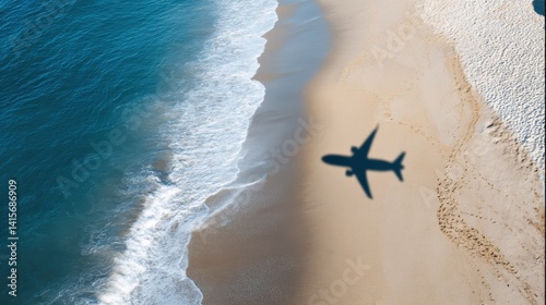 Shadow of a moving airplane cast on the beach below, travel symbolism, fleeting moment, global freedom