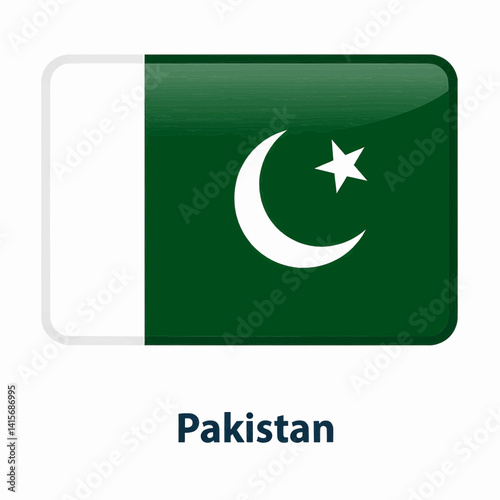 A clear digital illustration of the rectangular flag of pakistan. Below the flag, the word "pakistan" is written on a white background. Vector illustration.