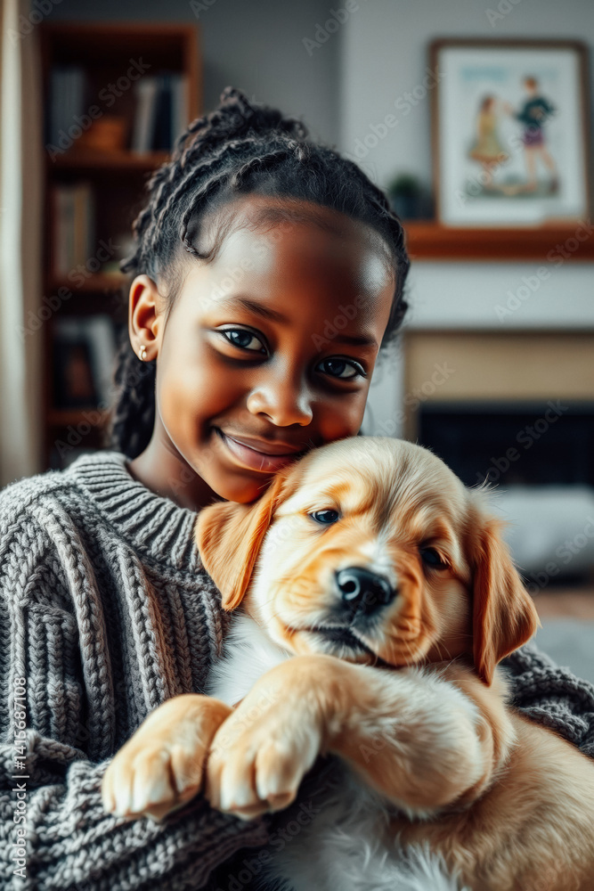 Girl Smiles Affectionately Holding Golden Retriever Puppy