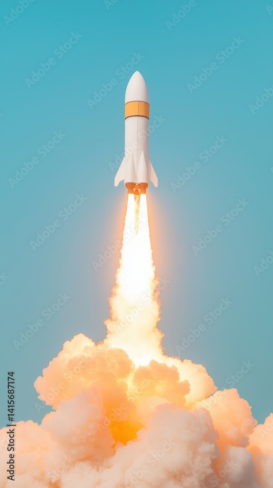 Fototapeta premium Rocket Launching Into Space Against a Pastel Blue Sky, Achievement and Dreams Theme, 3D Illustration.