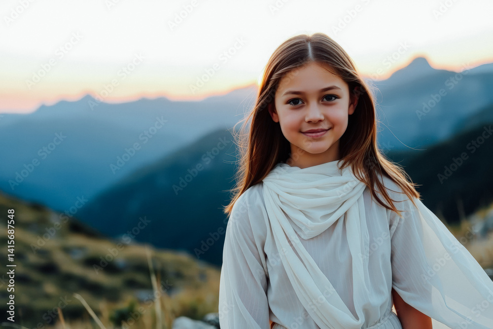Smiling Girl in a Flowing Dress in Mountains at Sunset