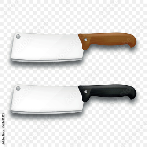 Realistic Vector 3d Kitchen Knives Set, Isolated. Chef, Utility Knife, Sharp Stainless Steel Blades with Wooden and Black Handle. Cooking Tools, Professional Kitchen Utensils, Vector Illustration