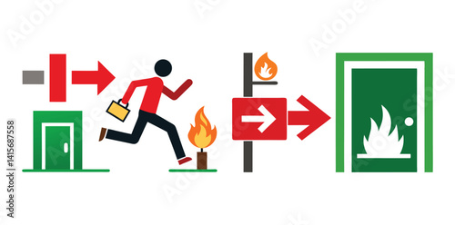 Emergency fire exit sign. running man icon to door. Exit emergency arrow sign vector image. Fire evacuation sign. warning sign plate logo stock images illustration.