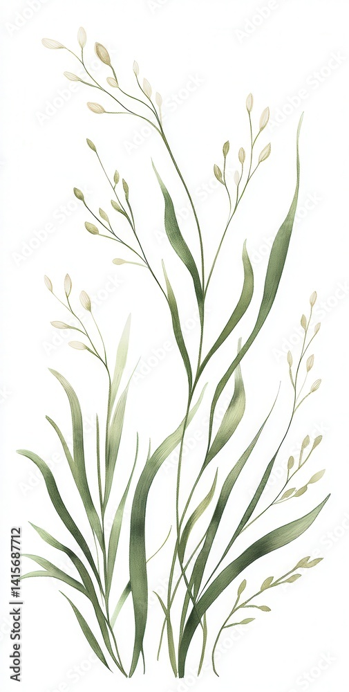 Fototapeta premium Elegant watercolor illustration of green leaves and delicate buds on a white background, showcasing natural beauty.