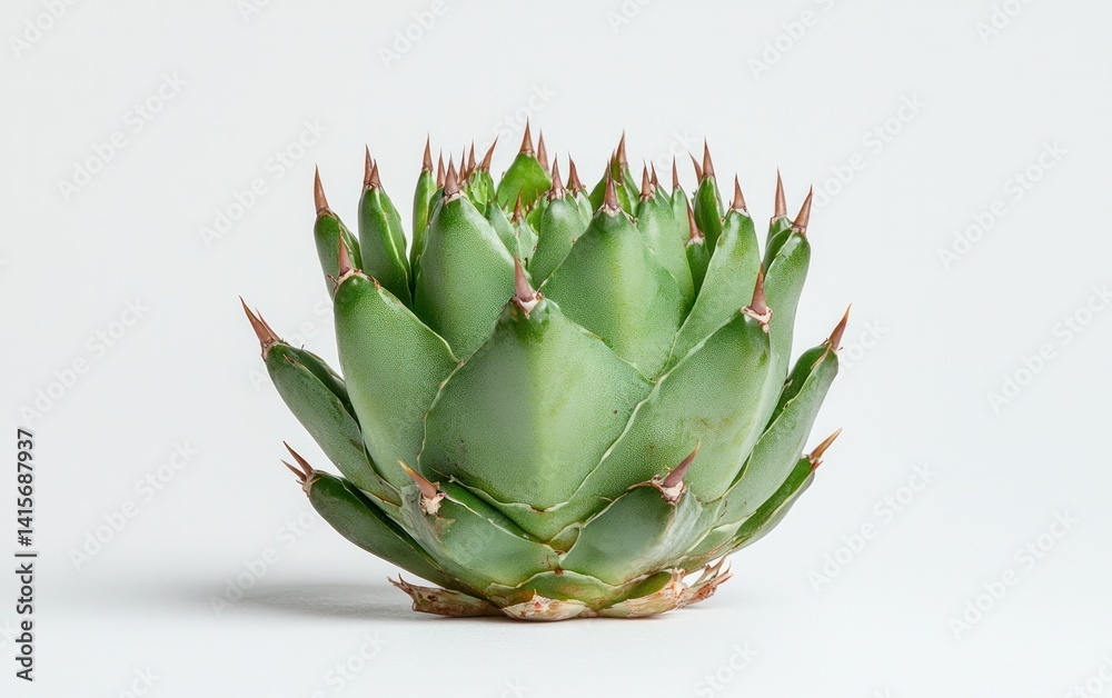 Fototapeta premium Close-up of a small, green succulent plant with sharp, pointed leaves, set against a plain white background. The lighting is bright and even, highlighting the plant's texture and details