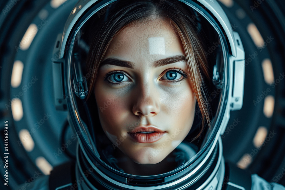 Astronaut Woman in Space Suit, Close-Up Portrait