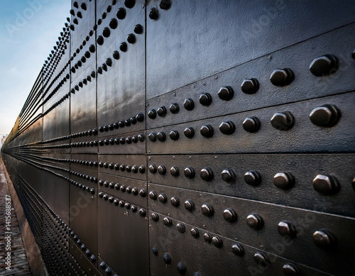 A reinforced metal wall with rivets and bolts, symbolizing authoritarian barriers and rigid political structures.