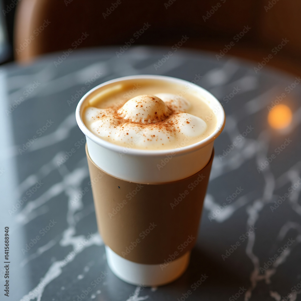 Iced Vanilla Latte with Foam in Takeaway Cup on Marble Table Iced Vanilla Latte with Foam in Takeaway Cup on Marble Table