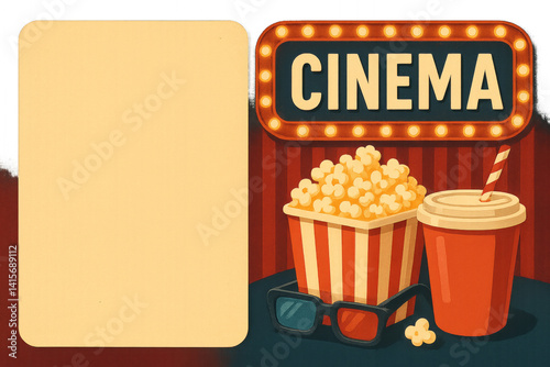 Colorful Cinema Sign With Popcorn and Drink in a Nostalgic Movie Setting
