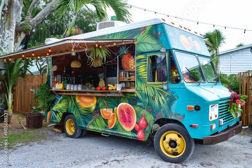 A brightly colored food truck serving up island-inspired cuisine on a sunny day in Florida, A tropical-themed food truck serving up island-inspired fare