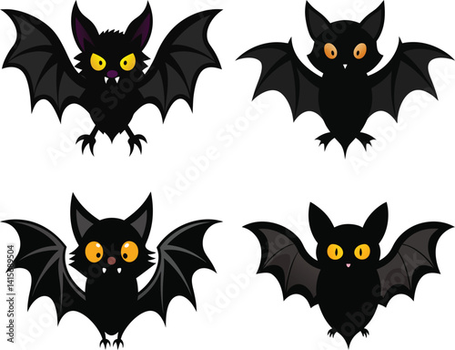 Set of Cute Cartoon Bat Illustrations for Halloween and Decoration