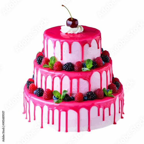 Three-tier cake with glossy icing and berries on white background