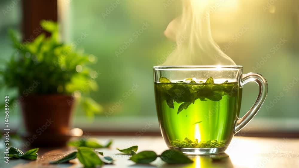 Freshly brewed green tea with steam rising Freshly brewed green tea with steam rising
