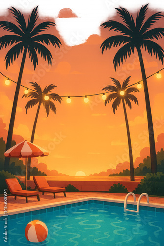 Sunset by the Poolside With Palm Trees and Glowing Lights Creating a Warm Atm...