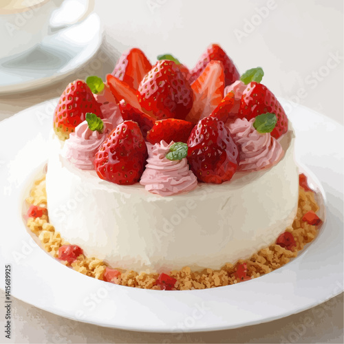 Whole strawberry cake with cream and glaze on white background