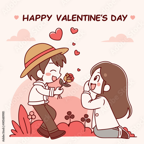 Cute couple exchanging a flower on Valentine's Day