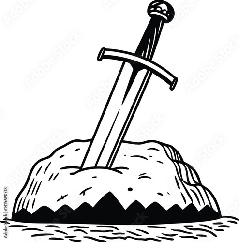Sword In Stone Silhouette Vector ,decorative, engraving, Epicness, heroic, tale, mystical