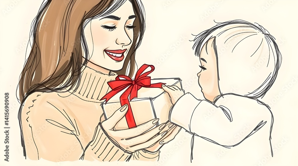 Hand-drawn sketch in natural earth tones, cinematic closeup of a mother and child exchanging a gift box with a red ribbon. Film-like composition, muted browns and beiges, sketchnote style