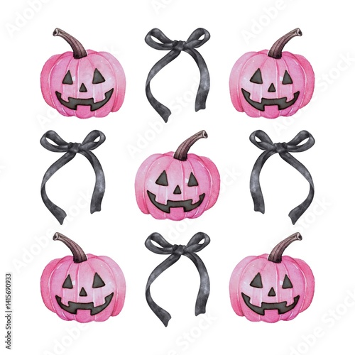 Black and Pink Retro Coquette Aesthetic illustrative Pumpkin and Bow Halloween T-Shirt 