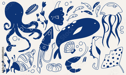 Underwater blue silhouettes. Fish and marine animals. Silhouette of a seahorse, octopus, crab.