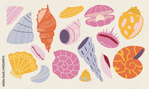 Vector illustration set of cute  seashell for digital stamp,greeting card,sticker,icon,summer design