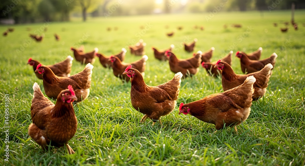Fototapeta premium Chickens Grazing Freely in Green Grassy Field at Sunny Day