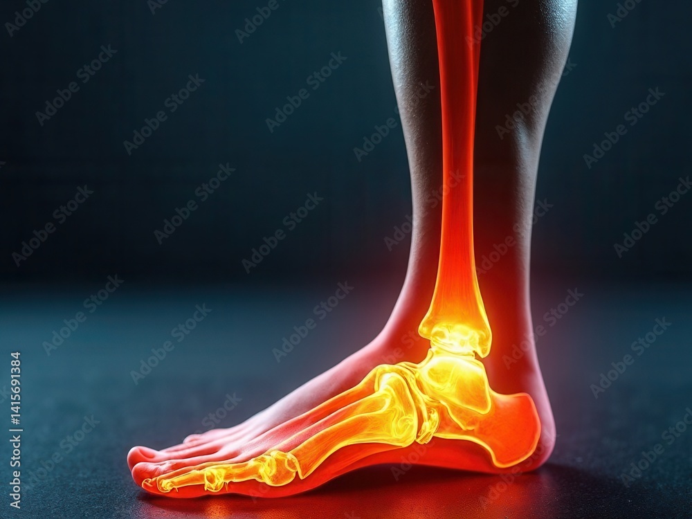 Digital bone on the human foot. Man suffering from knee pain. Injury caused by training. Tendon problems. Panoramic banner with copy space..