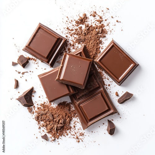 Broken chocolate bar pieces with cocoa powder on white background, top view