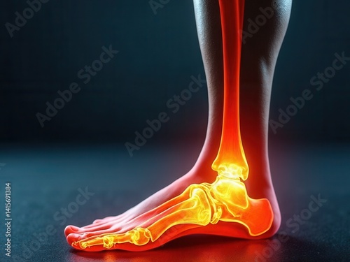 Digital bone on the human foot. Man suffering from knee pain. Injury caused by training. Tendon problems. Panoramic banner with copy space..