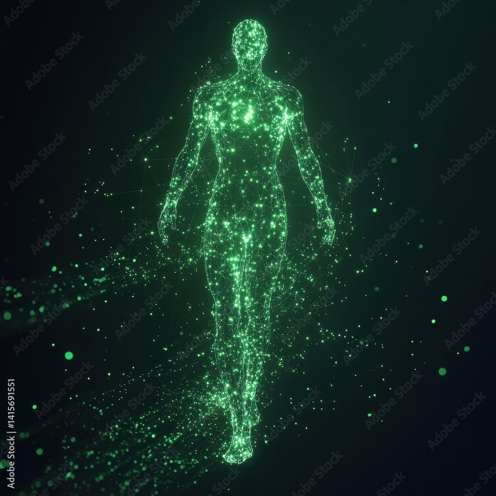 Futuristic holographic humanoid figure composed of glowing green digital lines and interconnected nodes Generative AI Futuristic holographic humanoid figure composed of glowing green digital lines and interconnected nodes Generative AI
