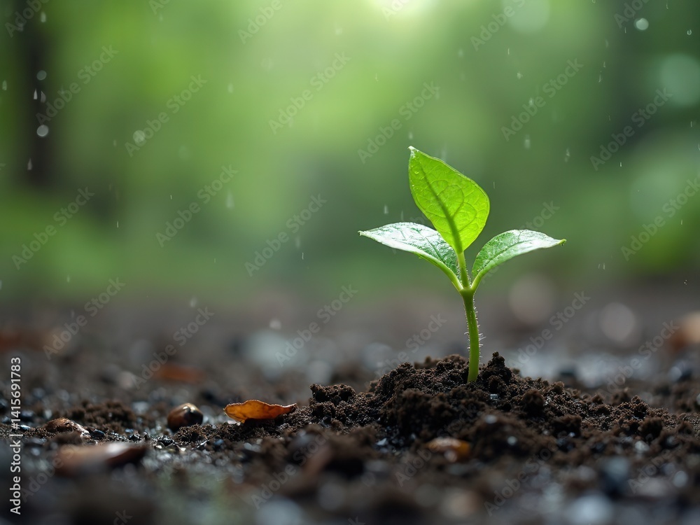 Green seedling growing on the ground in the rain. Concept of the save, ecology, agriculture, earth day.