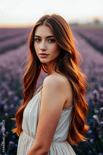 Obraz na płótnie Beautiful Woman in a Lavender Field w salonie