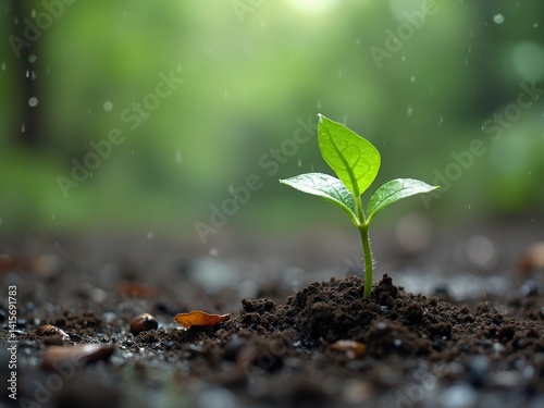 Obraz na płótnie Green seedling growing on the ground in the rain. Concept of the save, ecology, agriculture, earth day. w salonie