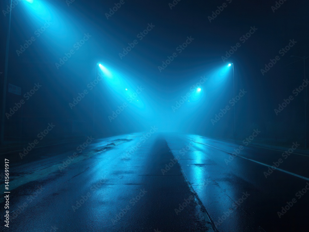 Rays searchlight light blue neon . Dark empty scene with smoke. Reflections on wet asphalt..