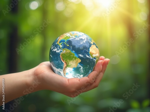 Hand holding crystal earth globe. Earth Day. Environment day, save clean planet, ecology concept..