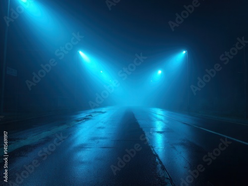 Obraz na płótnie Rays searchlight light blue neon . Dark empty scene with smoke. Reflections on wet asphalt.. w salonie