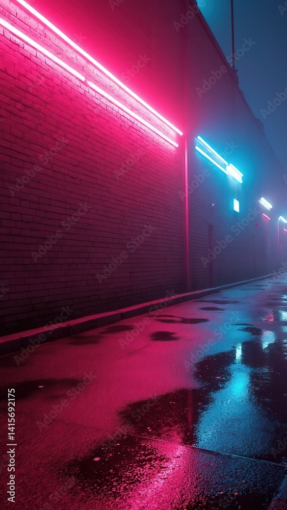 Rays neon light on neon brick wall. Empty scene. Neon reflections on wet asphalt. Cyberpunk background with copy space..