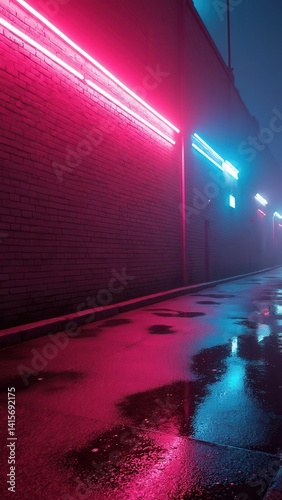 Obraz na płótnie Rays neon light on neon brick wall. Empty scene. Neon reflections on wet asphalt. Cyberpunk background with copy space.. w salonie