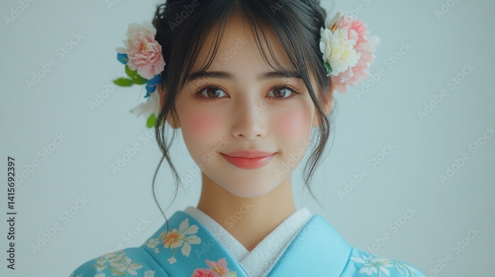 Smiling young woman in traditional Japanese attire Smiling young woman in traditional Japanese attire