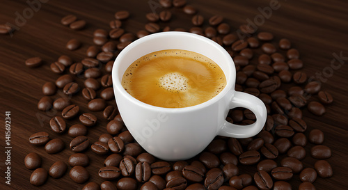 Fresh coffee cup with coffee beans on wood background espresso caffeine