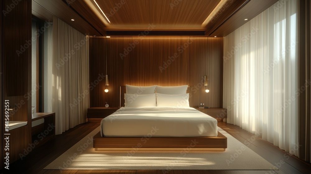 Fototapeta premium Modern Bedroom with Warm Wooden Accents