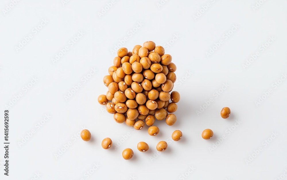 Fototapeta premium Levitation photography of fermented soybeans on a white background. A cluster of soybeans appears to float, with a few scattered around it. The soybeans are light brown. The background is pure