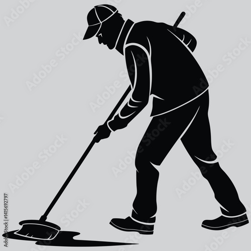 Janitor cleaning floor image silhouette design  vector art and illustration