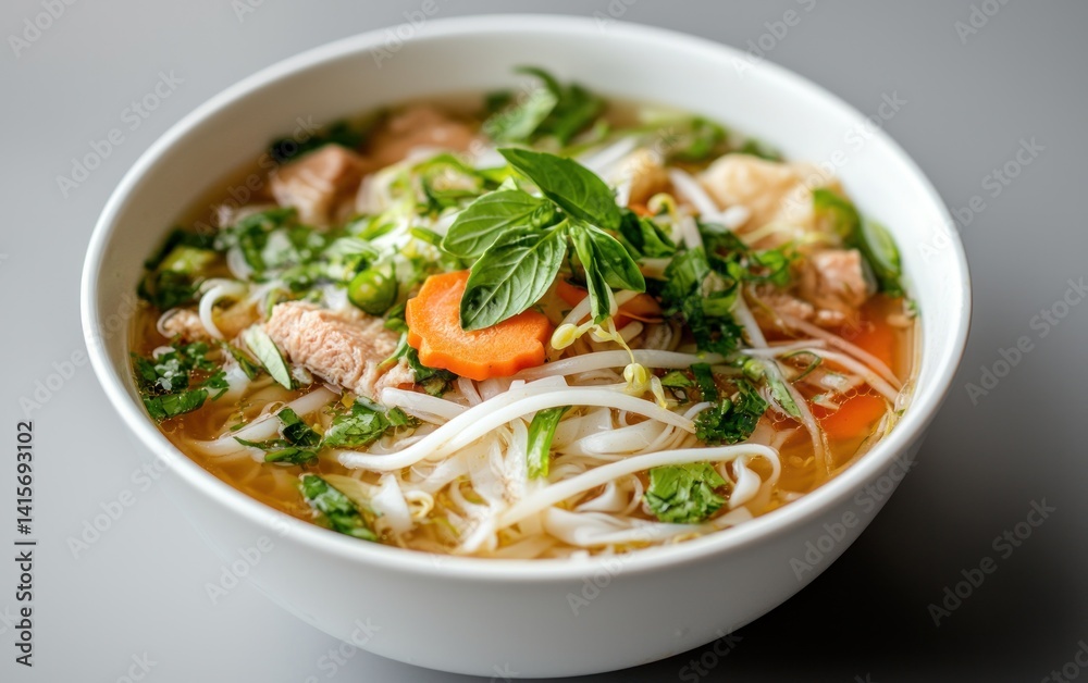 A bowl of Vietnamese noodle soup, garnished with fresh herbs and vegetables, sits on a gray background. The broth is light and flavorful. The noodles are thin and long. The herbs and vegetables add a A bowl of Vietnamese noodle soup, garnished with fresh herbs and vegetables, sits on a gray background. The broth is light and flavorful. The noodles are thin and long. The herbs and vegetables add a