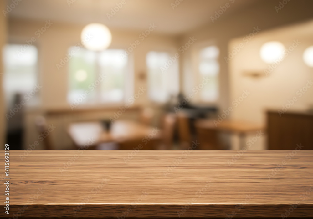 Wooden table top product display with blurred cafe restaurant interior Wooden table top product display with blurred cafe restaurant interior