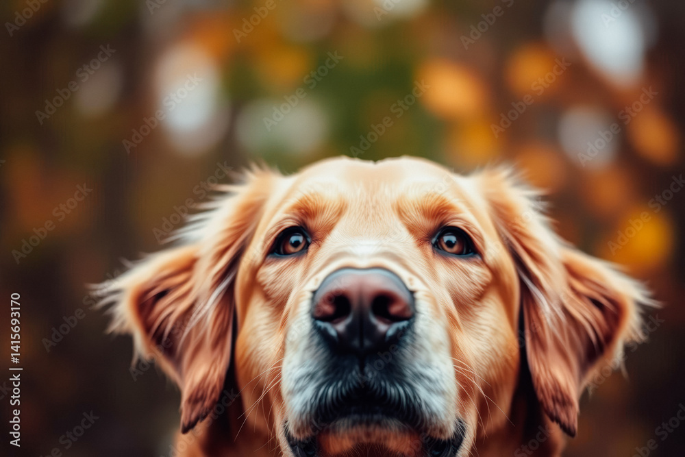 Golden Retriever's Close-Up Gaze in Autumn