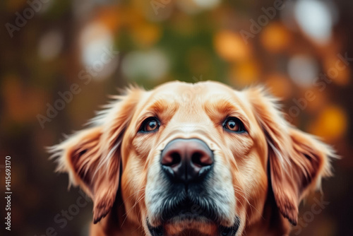 Obraz na płótnie Golden Retriever's Close-Up Gaze in Autumn w salonie
